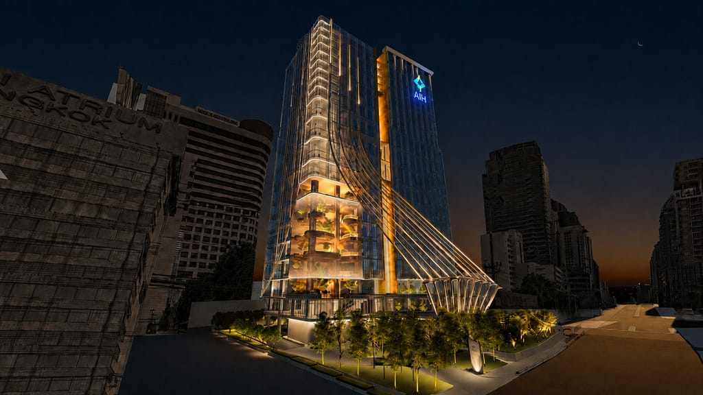 โรงพยาบาลอาทิตย์ อินเตอร์เนชั่นแนล — ภาพภายนอกยามรุ่งอรุณ